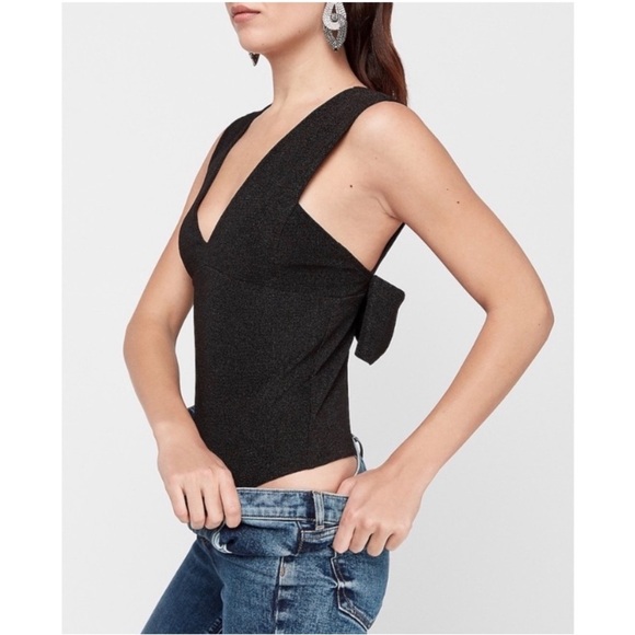 Express | Black Deep V-Neck Bodysuit with Back Bow - Picture 2 of 9